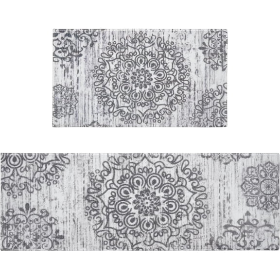 Grey Farmhouse Kitchen Rugs Sets of 2 Non Slip Washable Farmhouse Kitchen Mats for Floor 2 Piece Vintage Distressed Gray Boho Rug Mat Set Home Decor