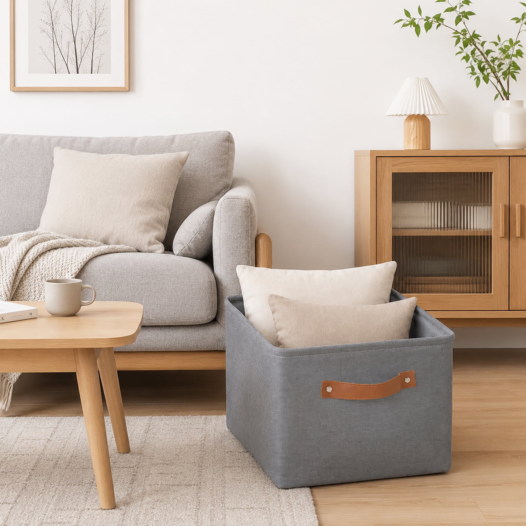 (4 pack) Mainstays Gray Canvas Fabric Decorative Storage Basket with Handles, 15 in x 8 in x 11 in