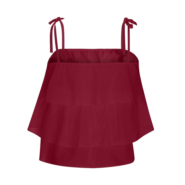 RYRJJ Women's Summer Spaghetti Strap Cami Tank Tops Layered Ruffle Tie  Shoulder Flowy Sleeveless Shirts Camisole(Red,XL)