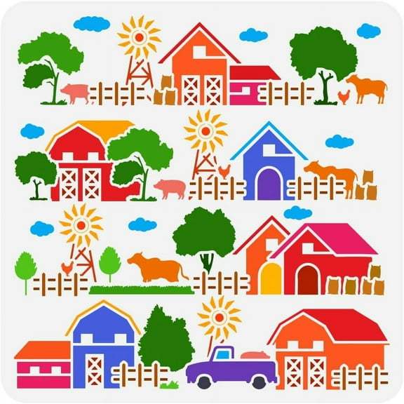 Farm Scene Stencil for Painting 11.8x11.8 inch Reusable Farmhouse Pattern Painting Stencil Hollowed Pinwheel Drawing Template DIY Farm Animals Truck Stencil Large Tree Clouds Template for DIY
