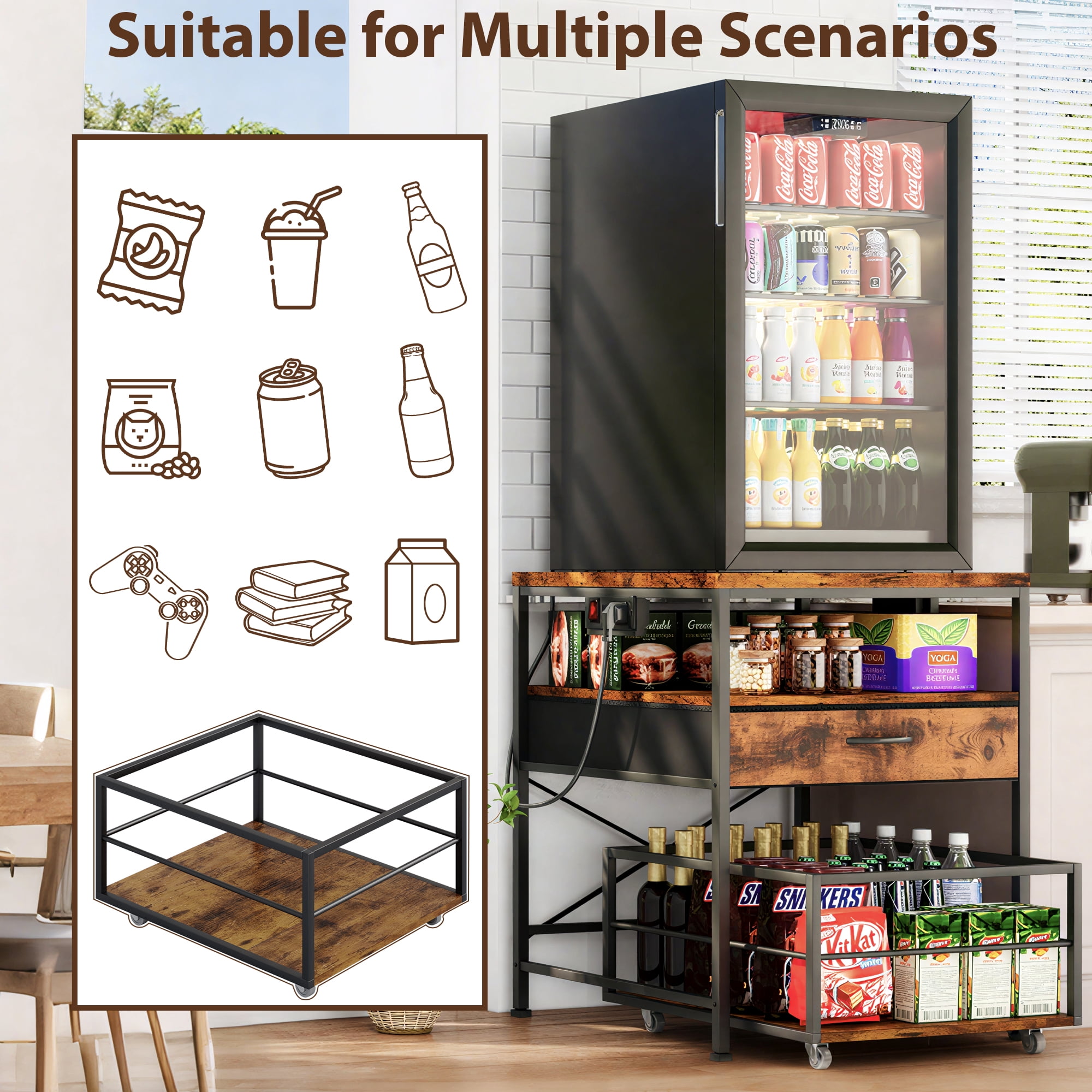 Mini Fridge Stand with Drawer Storage and Power Outlet, Heavy Duty Mobile Mini Fridge Shelf with Wheels, Beverage Refrigerator Table Stand,Brown