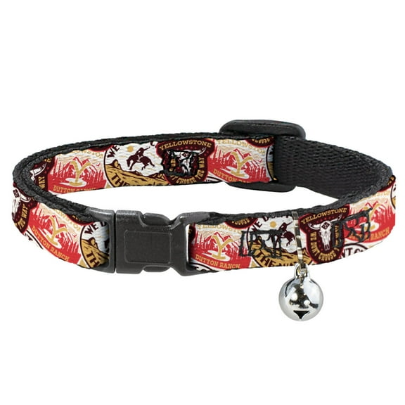 Yellowstone Breakaway Cat Collar With Bell, Plastic Clip, Easy Adjustable, Yellowstone Patches Stacked Browns Reds Yellows, 8.5 to 12 Inches 0.5 Inch Wide