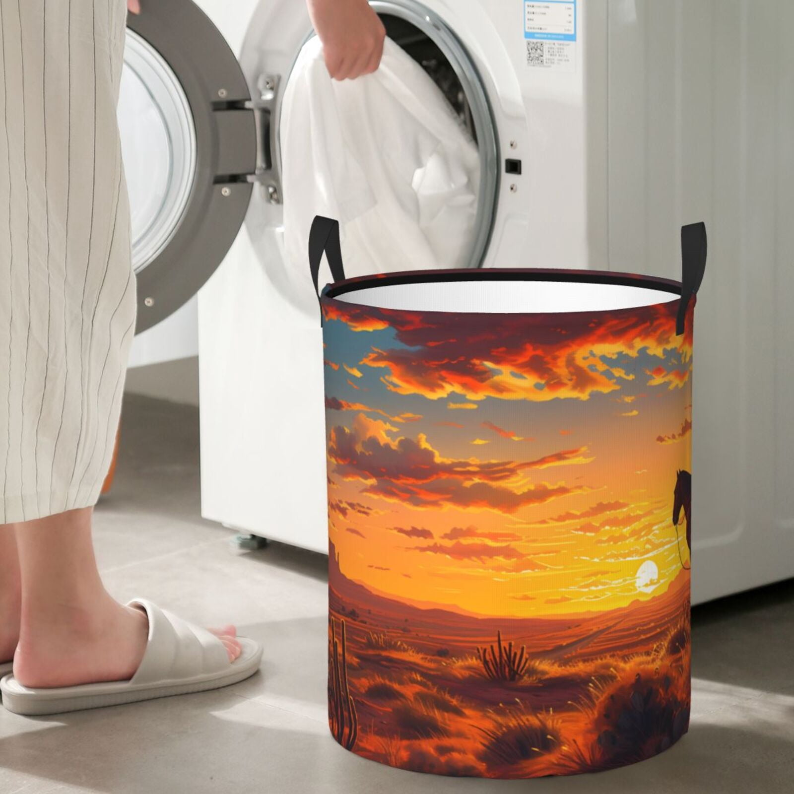 Large Laundry Basket with Handles - Sunset Desert Western Cowboy Kids Baby Dirty Clothes Laundry Hamper for Bedroom Aesthetic