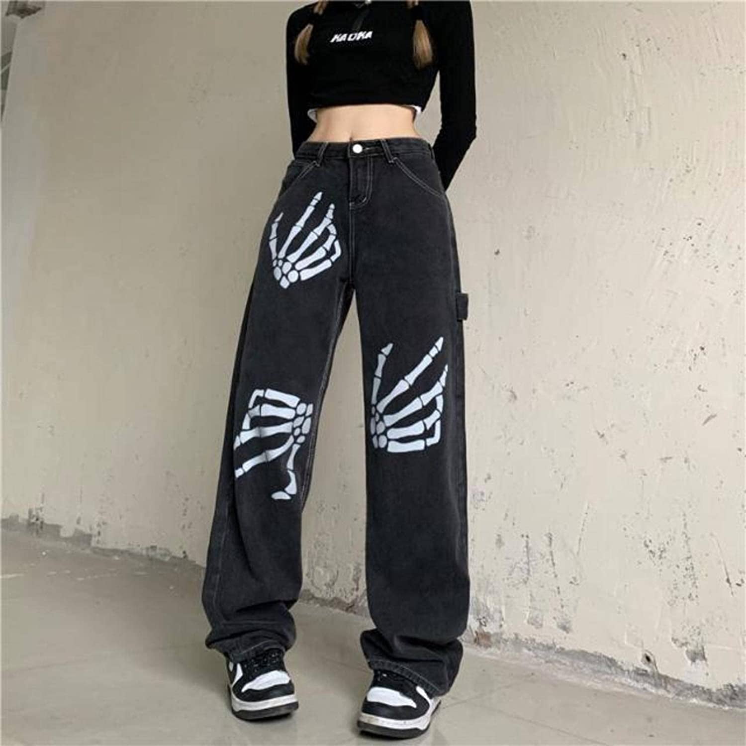 Cyber Y2k Low Waist Jeans, Black Jeans Skeleton