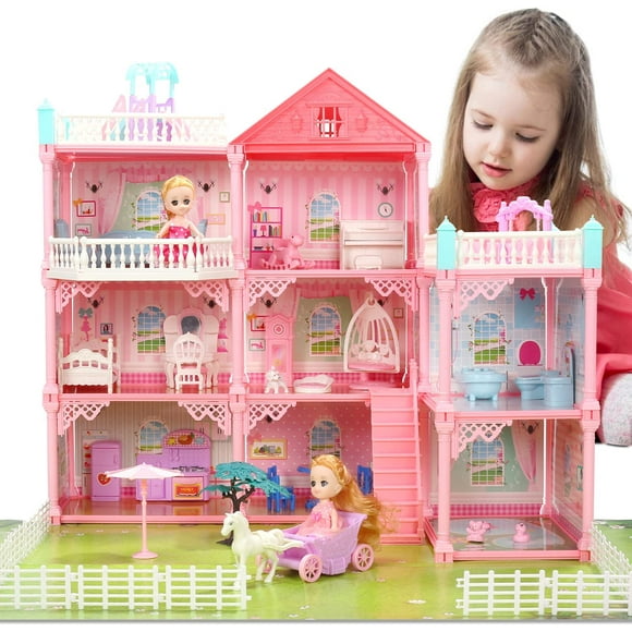8 Rooms Doll House with Flashing Lights,Dollhouse Sets with 2 Dolls, Furniture,L32 xH23