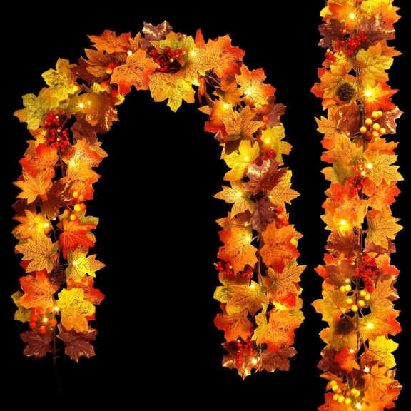 Scidweet 2 Pack Fall Garland with Lights, 12 Ft 60 LED Artificial Autumn Maple Leaves Garland Fall Decorations for Home Party Fireplace Table Thanksgiving Decor, Multicolor