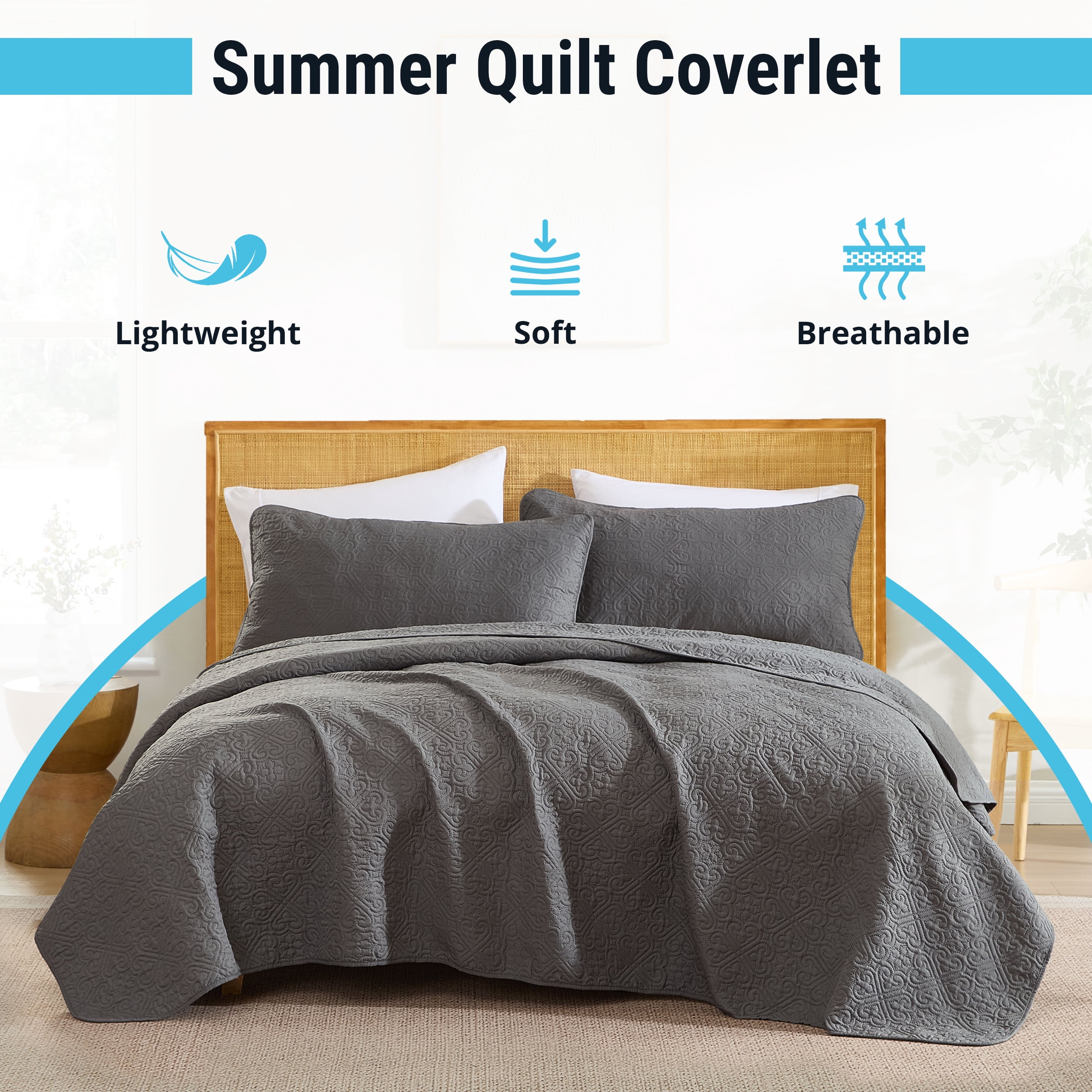 THD Loren - 3 Piece Full Queen Size Quilt Set, Lightweight Queen Bedspread Coverlet Set (Full/Queen, Charcoal Grey)