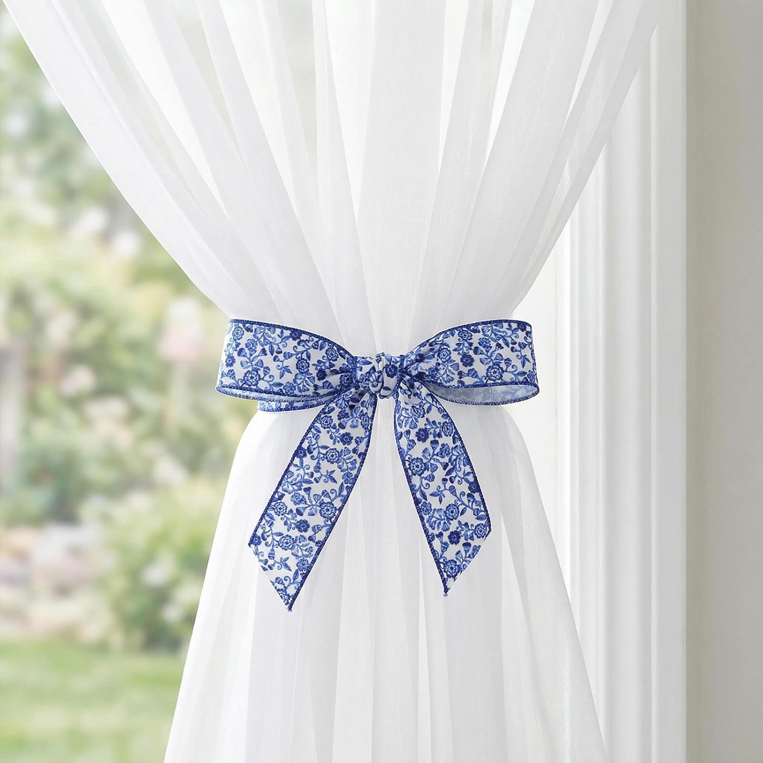 Chinoiserie Blue Wired Edge Ribbon,2 Rolls (2.5 Inch × 5 Yards Each) - Royal Blue with Polka Dot & Floral Vine Pattern Linen Ribbon for Wreaths, Crafts, Bows, Wedding Decorative