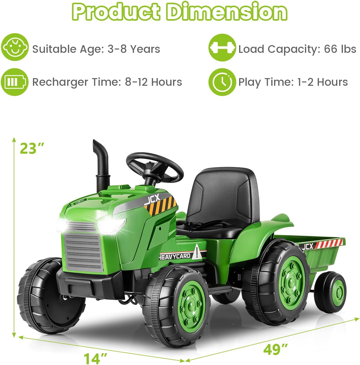 OLAKIDS 12V Kids Ride on Tractor, Battery Powered Motorized Electric Car with Trailer, Dual Motors, Remote Control, Light, Music, USB, Toddler Vehicle Toys for Boys Girls