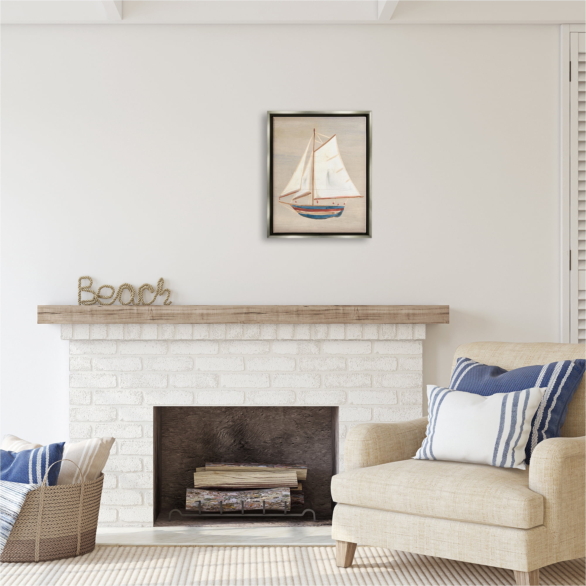 Stupell Industries Blue & Red Sailboat Transportation Painting Gray Floater Framed Canvas Art Print Wall Art, 17 x 21