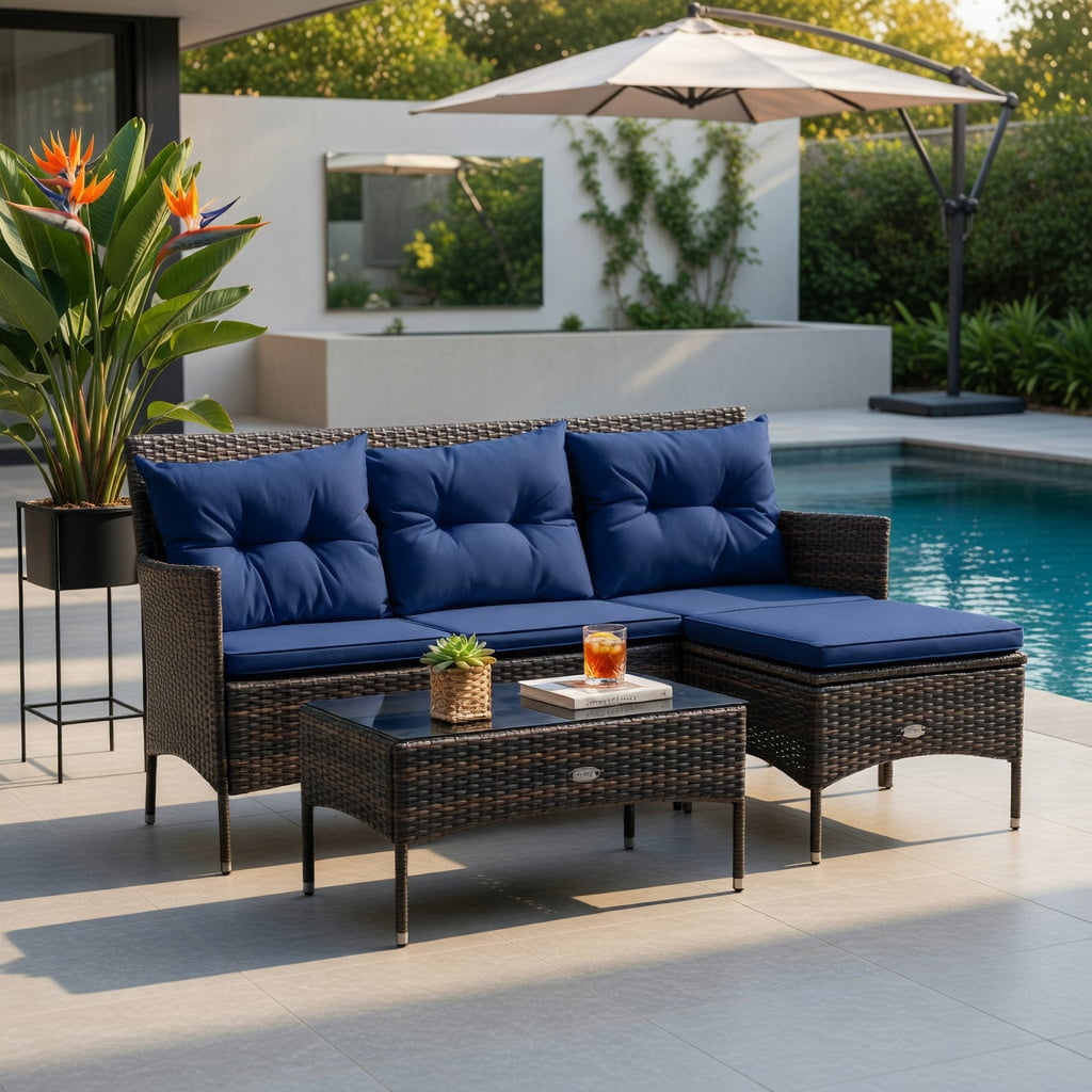 Hommoo 3-Piece Outdoor Patio Sectional Set with 5 Premium Cushions, All-Weather Rattan Sofa, Ottoman & Tempered Glass Coffee Table for Backyard, Poolside & Garden, Navy