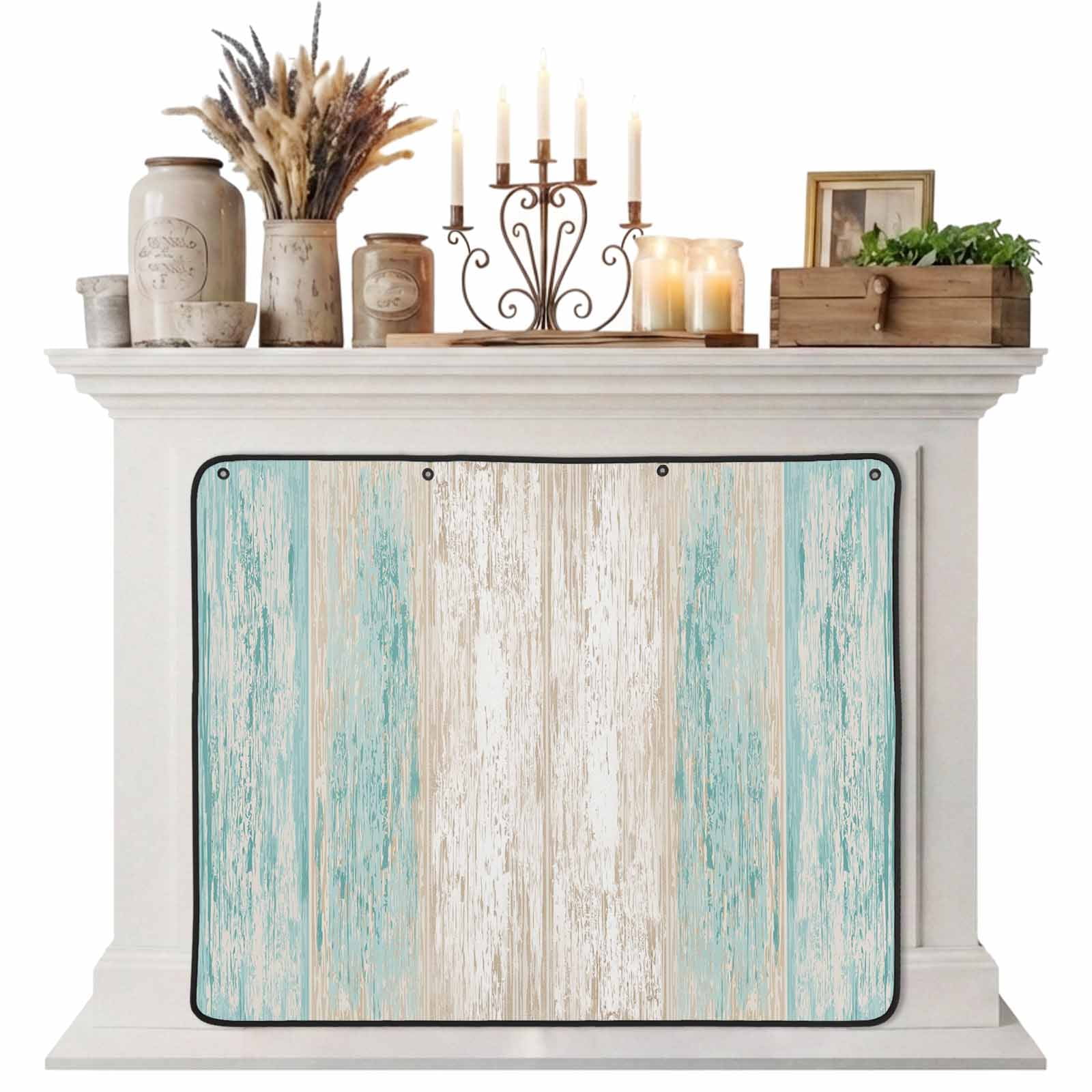 Magnetic Fireplace Cover Teal Wood Grain Fireplace Screen Retro Wooden Lines Insulation Fireplace Blocker Blanket Save Energy Fireplace Draft Stopper Covers for Living Room 36x30