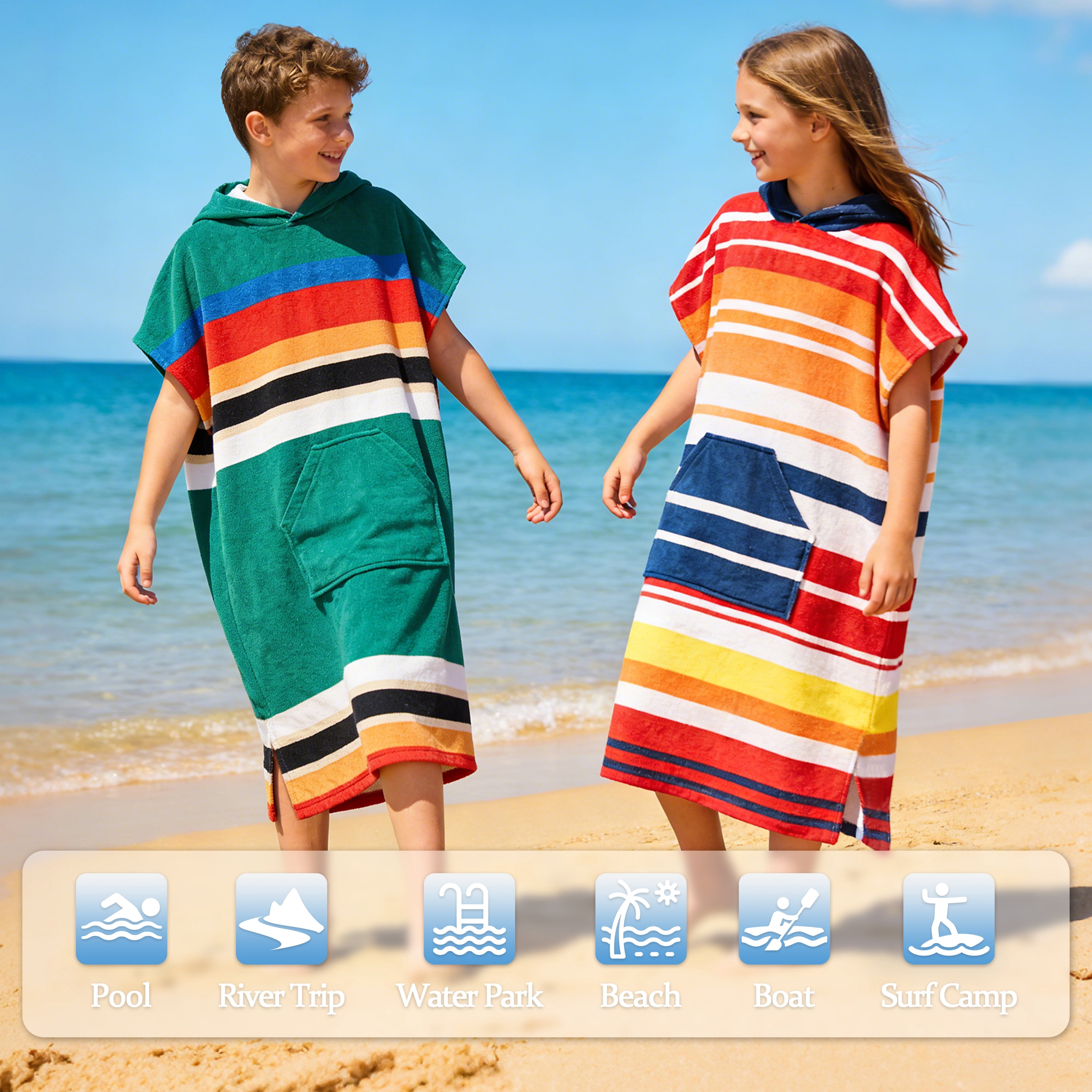 Catalonia Kids Hooded Poncho Towel, 100% Cotton Absorbent Changing Robe for the Beach, Pool, and Bath, Cute Gifts for Childrens (Boys and Girls), Green Stripe