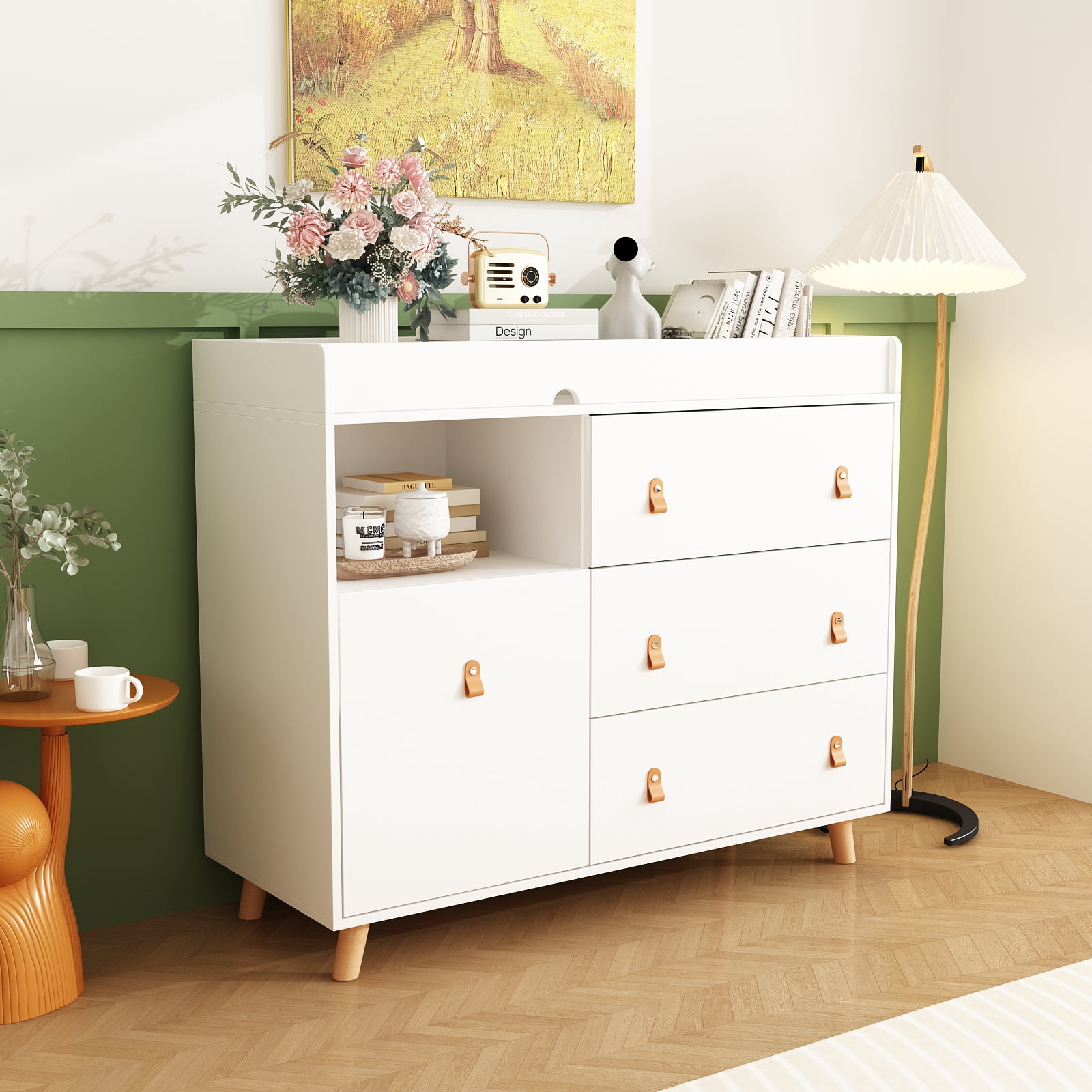 KULAGAGA Changing Table Dresser, Baby Nursery Dresser with 3 Drawers and Shelf, Top Guardrail and Large Storage Cabinet, Hidden Trash Storage, Baby Changing Dressers for Nursery Room, White