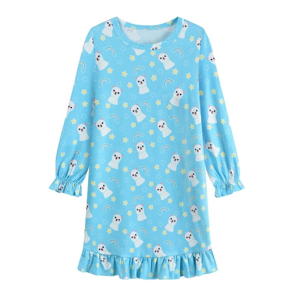 FEDPOP Girl Nightgowns Dresses Long Sleeve Sleep Dress Sleepwear Blue Clothes for Kids Size 7-8 Year