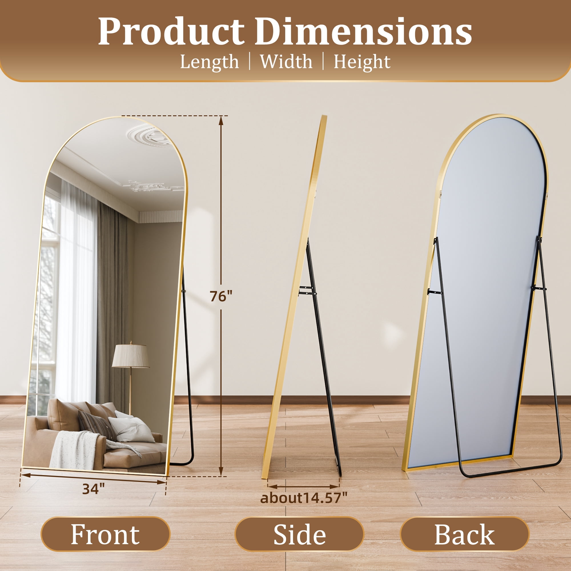 Easy4Home 76"x 34" Arch-Top Oversized Full Length Mirror Metal Frame Freestading Floor Mirror, Gold