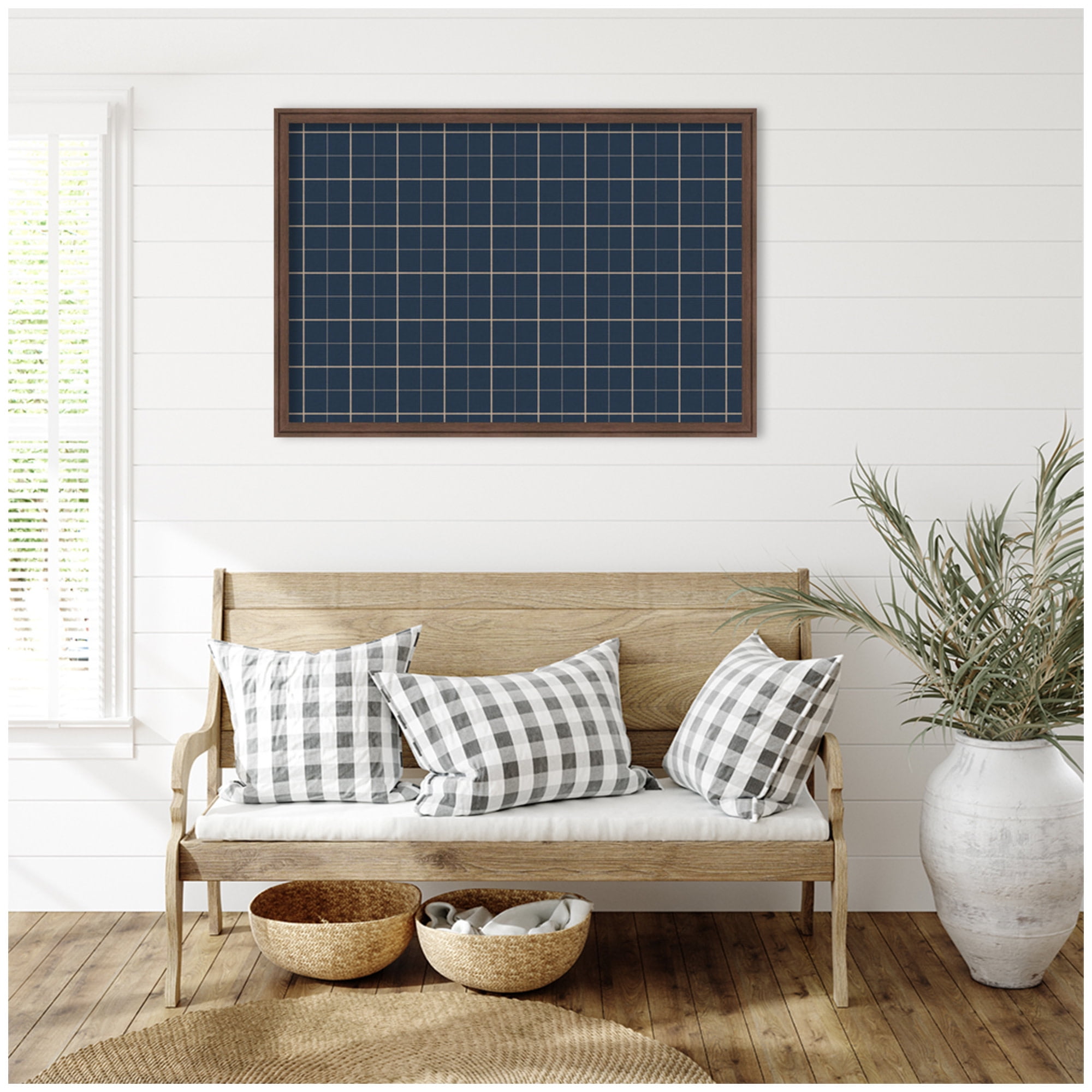 Kate and Laurel Framed Fabric Pinboard 38 x 26, Navy Blue Plaid Printed Linen Classic Bulletin Board for Use as a Vision Board or Wall Organization, Florence Medium Brown Frame