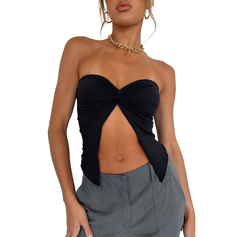Women's Tops Summer, Women's Strapless Bandeau Top Casual Tube Top Ruched  Going Out Crop Tops Backless Shirt