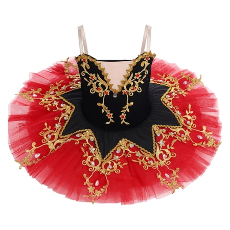 IBTOM CASTLE Girls Ballet Leotards with Platter Tutu Professional Hard Organdy Camisole Skirt Dancewear 7-8 Years Red + Black