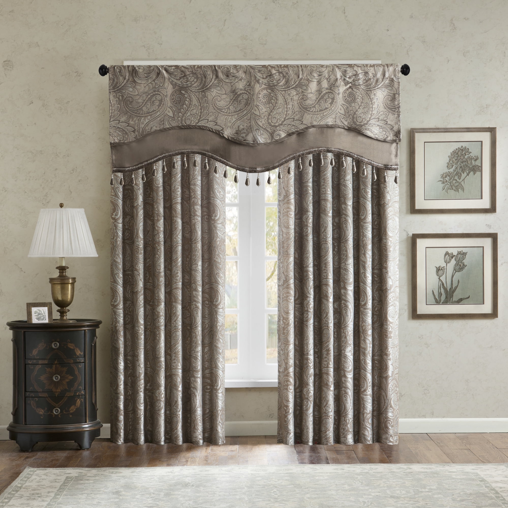 MAYEERTY 50x18" Jacquard Rod Pocket Valance - With Beads, Blue/Brown