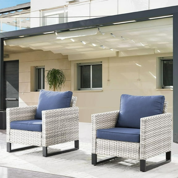 Patio Furniture Set Chairs of 2-32 Inch Oversize Wicker Patio Chairs Set All Weather PE Rattan Patio Coversation Set Chairs for Porch Balcony Backyard - Light Grey Blue