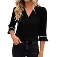 thumbnail image 2 of ClodeEU Women's Solid Color V Neck Flare Sleeve 3/4 Sleeve Blouse, Elegant Casual Summer Shirt Black,Women's Plus L, 2 of 8