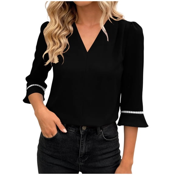 VEKDONE Women's V Neck Top Elegant Puff 3/4 Sleeve Solid Color Tunic Tops Fashion Business Work T Shirts Summer Loose Fit Going Out Tees Black L