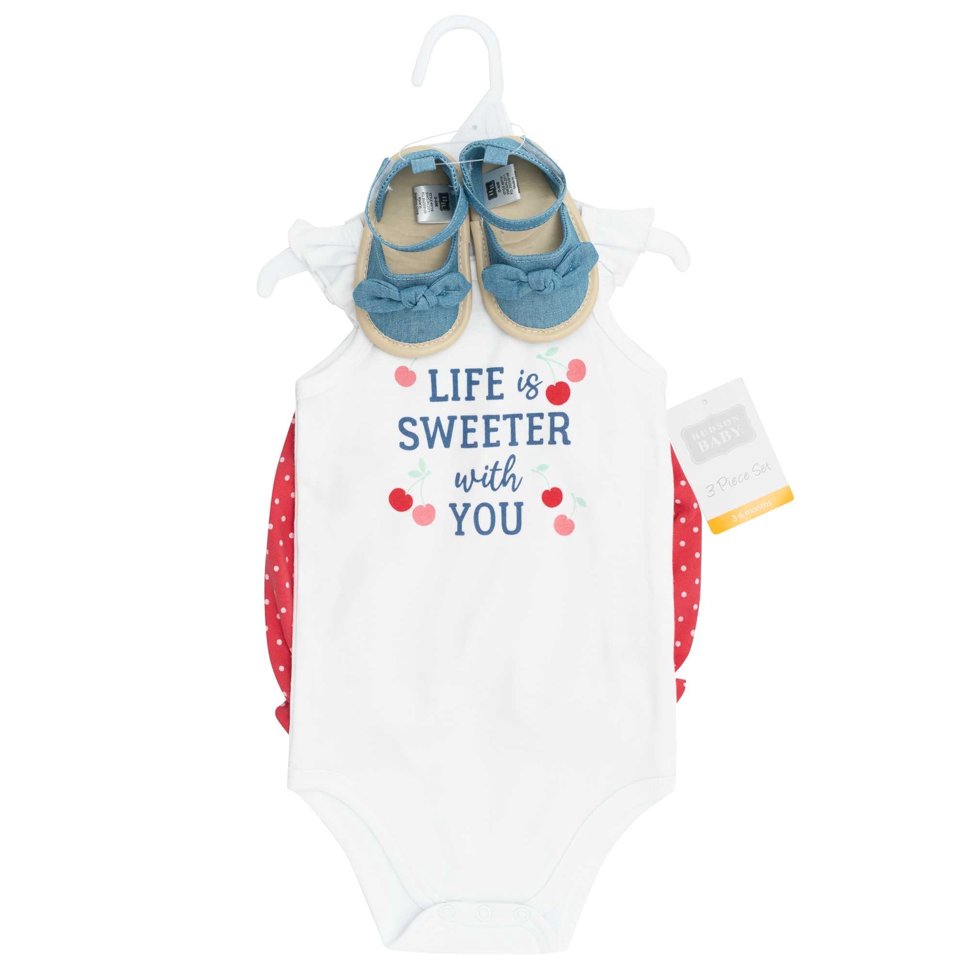 Hudson Baby Girl Cotton Bodysuit, Shorts and Shoe Set, Cherry Sweet Life, 0-3 Months