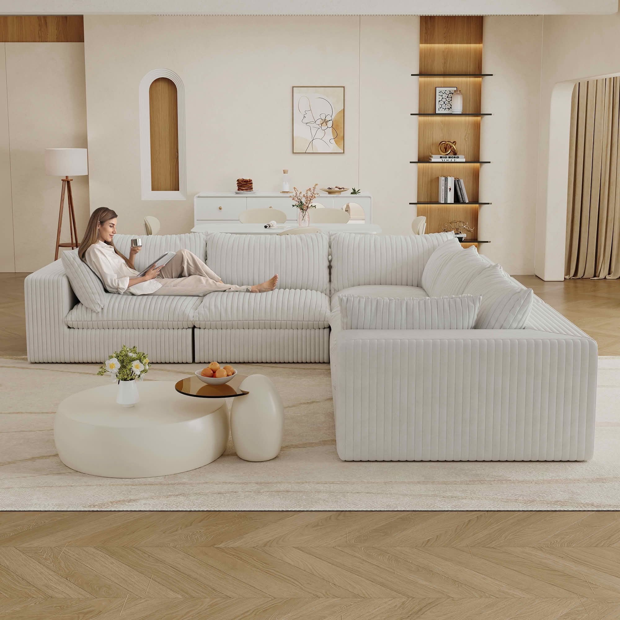 MAYEERTY 118.2" Cloud Corduroy Sofa, Deep Seat Double-Layer Design, Removable Cushion No Assembly, DIY Combination, White