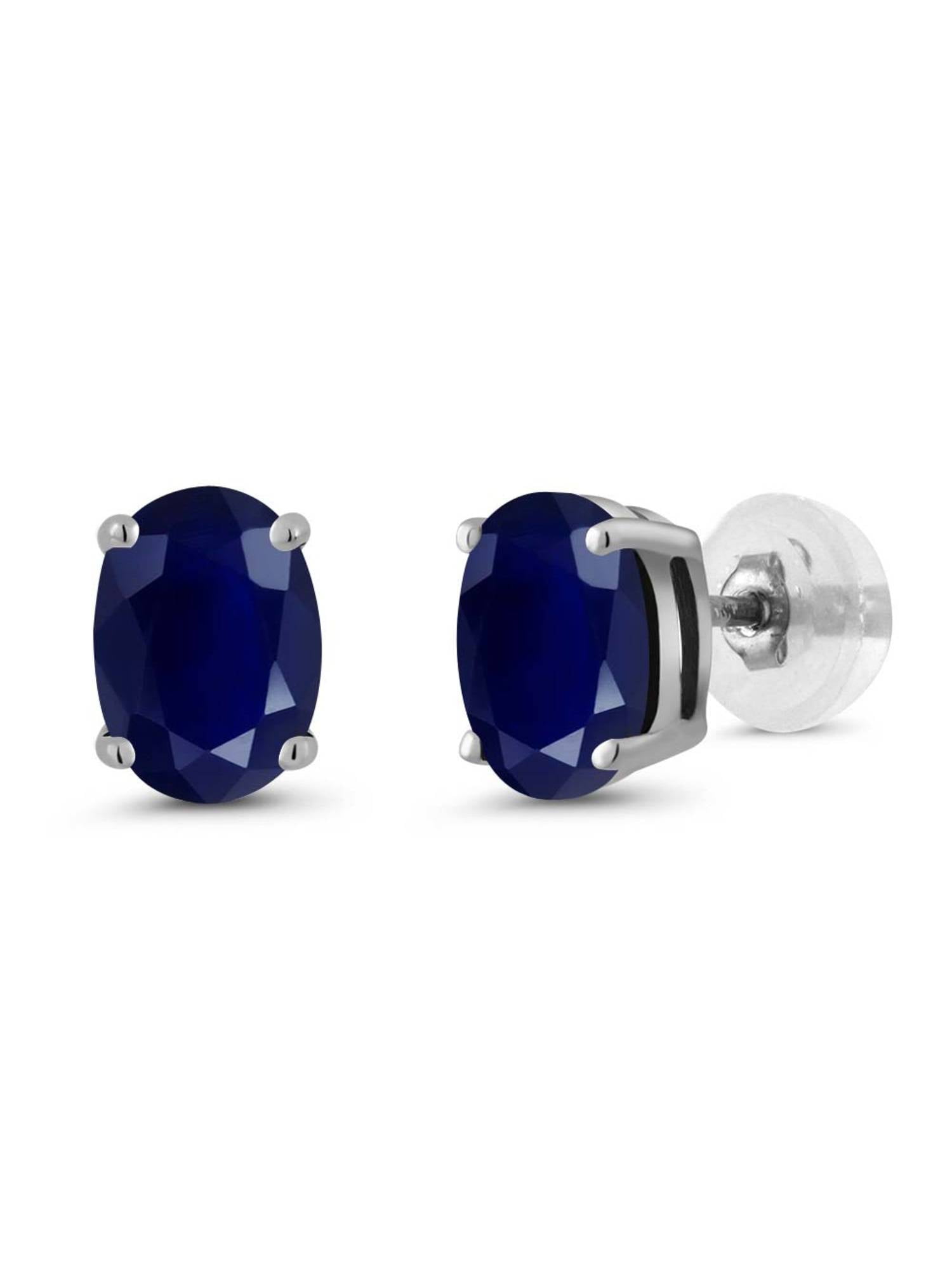 Gem Stone King 14K White Gold Blue Sapphire Women Stud Earrings 2.04 Cttw, Gemstone Birthstone, Oval 7X5MM 