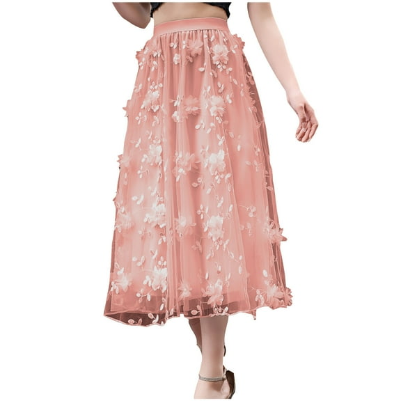EINCcm Women's 3D Mesh Flower Embroidered Tulle Midi Skirt High Waisted Flowy Trendy Pleated Boho Mesh A Line Skirts
