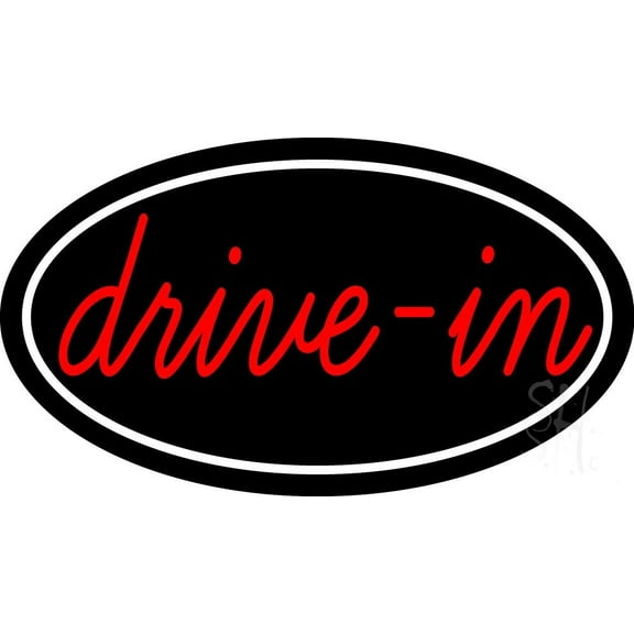 Cursive Drive In With Border LED Neon Sign 13 x 24 - inches Black Square Cut Acrylic Backing, with Dimmer - Premium built indoor Sign for Drive In Cinema.