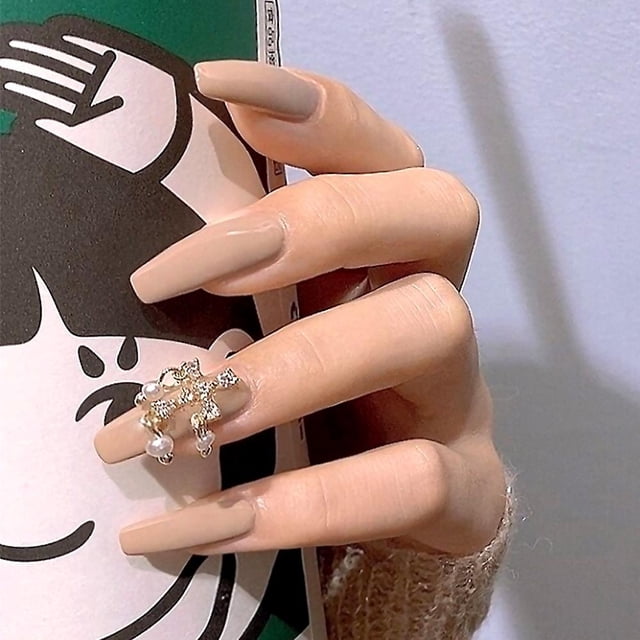 Uñas postizas HUOGUO con incrustaciones de diamantes de imitación de perlas de color té con leche