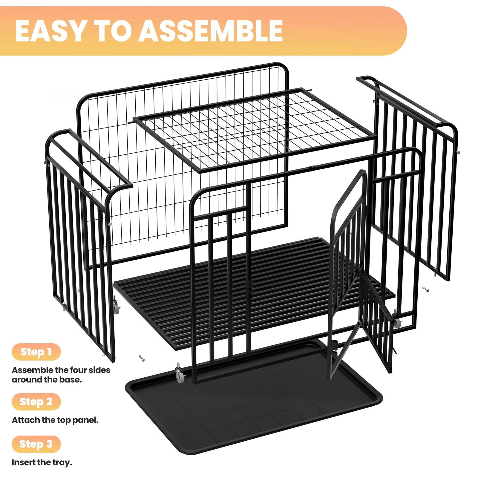 QUHEE 38 inch Sturdy Black Metal Dog Crate with Removable Tray and Lockable Wheels, Pet Kennel for Small and Medium Dogs Indoor Outdoor Use