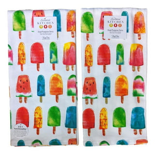 Set of 2 COTTON KITCHEN DISH TOWELS (15x25) SUMMER CHILLIN,COLORFUL  POPSICLES