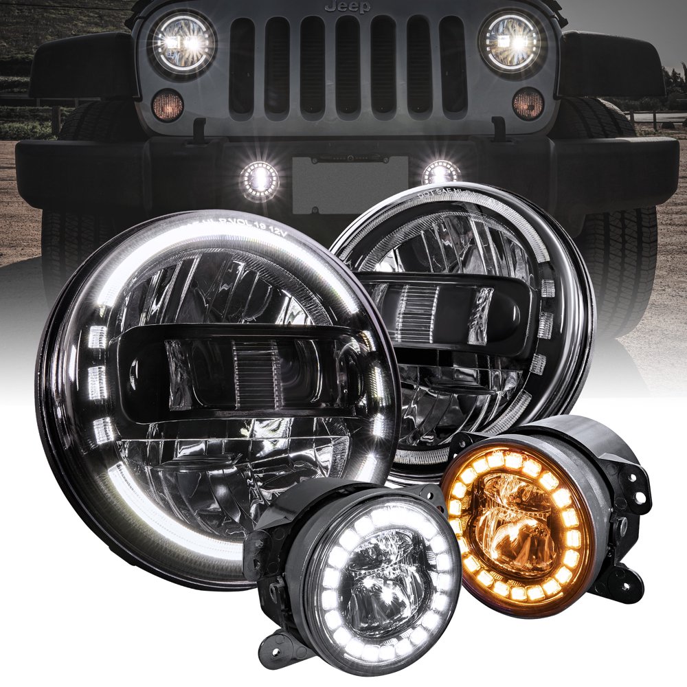 7" Round Black Headlights Fog Lights for Jeep Wrangler DOT HALO DRL