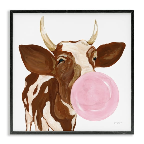 Stupell Industries Happy Bubblegum Cow Animals Painting Black Framed Art Print Wall Art, 12 x 12