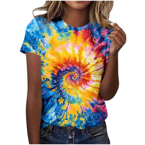 YUGYXL Tie Dye Shirt Women Fashion Colorful Hippie Tshirts Summer Casual Vacation Short Sleeve Crewneck Tops B Yellow Top XL