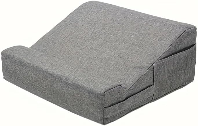 Ergonomic Laptop Lap Desk with Pillow & Storage Pocket - Grey Fabric Wedge Cushion for Notebook, Tablet, Bed, Couch (12.6 x 12.6 x 5.5 Inch), Portable Laptop Stand with Airflow