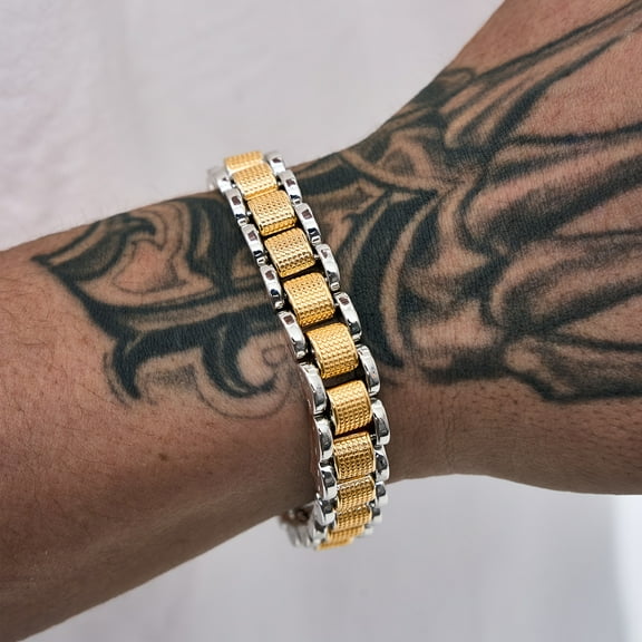 1pc Punk-Inspired 24K Gold Plated Waterproof Cuban Link Chain Bracelet - Durable Copper, Two-Toned Design, Ideal for Casual Attire & Gifting, Everyday Bracelet|Twotoned Chain|Luxurious Shine Finish