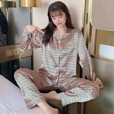 

QWZNDZGR Spring Summer Women s Faux Silk Pajamas Two Piece Black Sleep Lounge Cardigan Lapel Loungewear Ladies Sexy Luxury Kawaii Pajamas