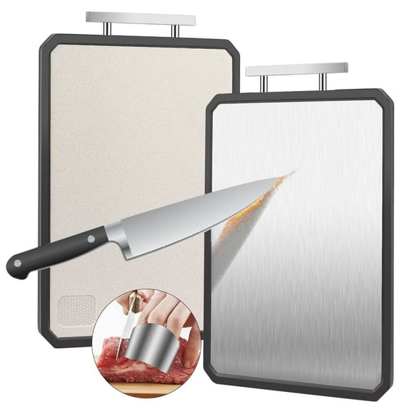 Double-Sided Cutting Board, AOKIWO Large Cutting Boards with Handle & Knife Protector finger guard，Non toxic Stainless Steel Wheat straw PP Chopping Board for Kitchen meat and vegetables-16 * 11 Inch