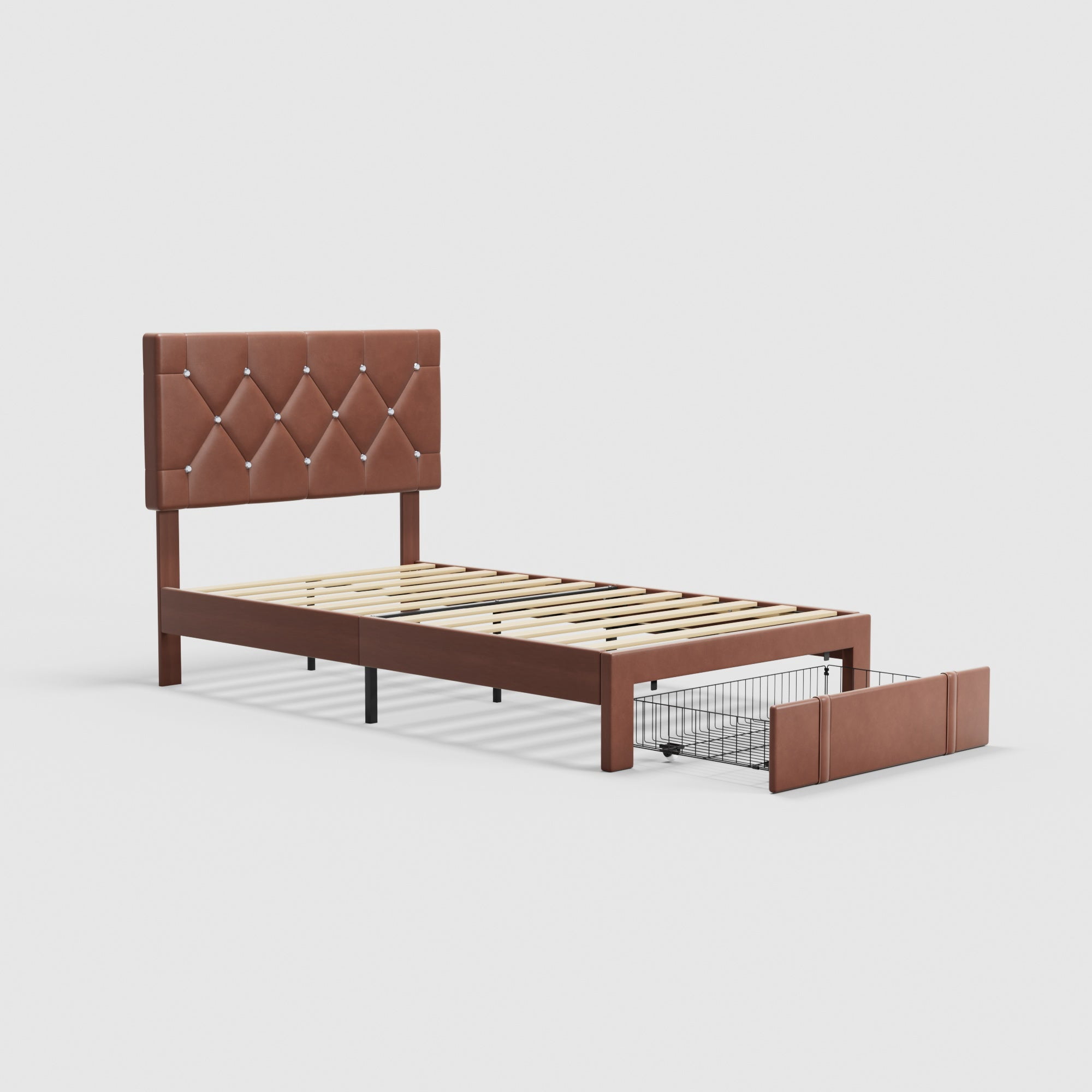 VECELO Upholstered Bed with Storage-1 Drawer, Brown Bed Frame Twin Platform Bed with Faux Leather Tufted Headboard