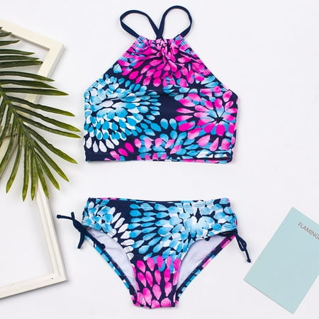 

Gubotare 2 Pcs Girl Swimwear Floral Tops Drawstring Bikini Bottoms Suit Girls Suit Girls Bikini New Split Water Girls Swimsuits Blue 3-4