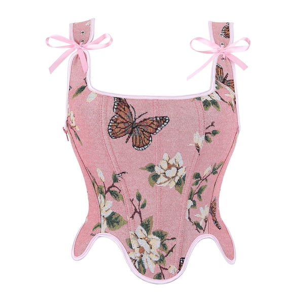 Oil Painting Floral Irregular Hem Back Strap Fishbone Corset, Tummy Control Bustier Camisole Tank Top Hourglass Shapewear Pink M