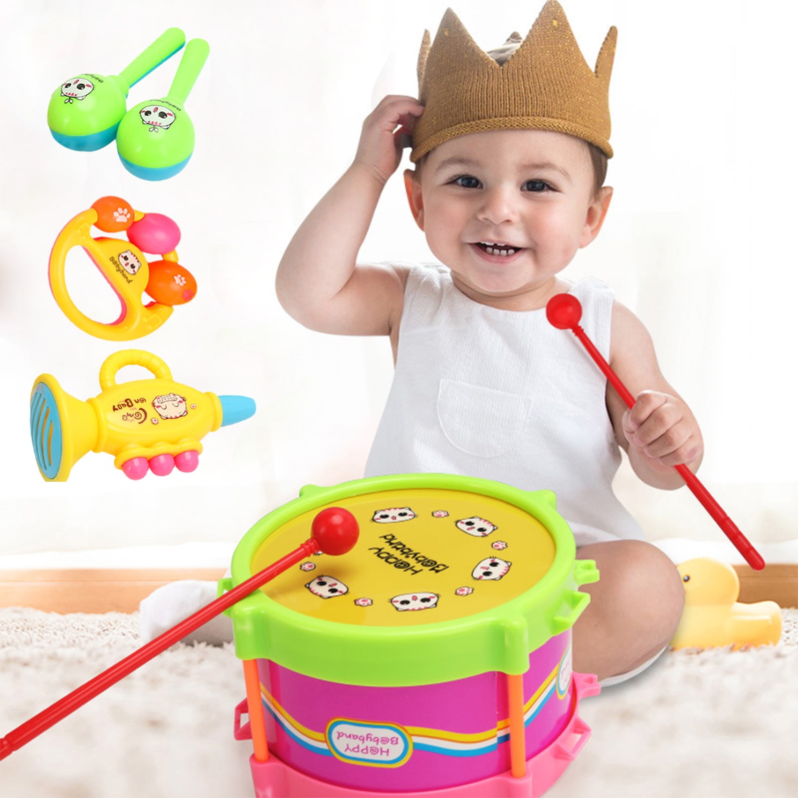 Kit D'instruments De Musique En Bois Pour Bébé 6-36 Mois - Tambour, Trompette, Hochets - Cadeau éducatif