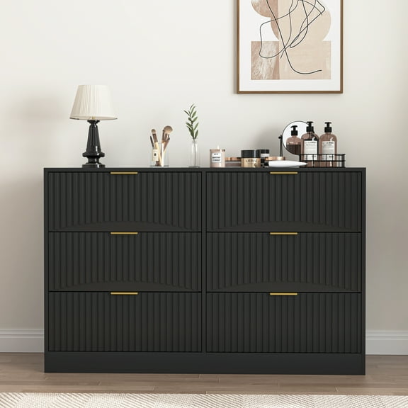 6 Drawers Fluted Dresser for Bedroom, 48" Wide Wooden Dresser with Deep Drawers, Large Floor Chest of Drawers, Modern Long TV Stand, Storage Cabinet Side Table