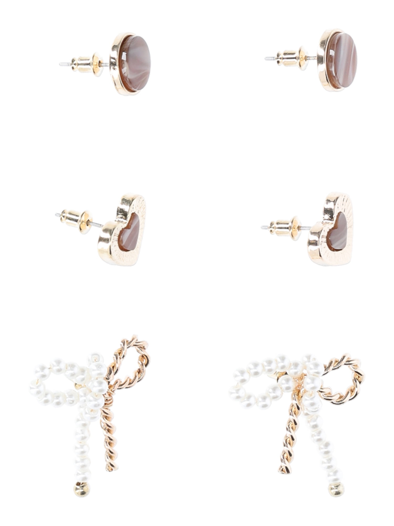 Time and Tru Women's Trio Heart and Bow Earring Set, 3 Pair, Brown Stone Circle Stud, Heart textured Stud, Pearl and Gold Metal Bow Stud