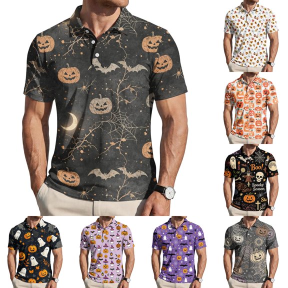 Halloween Shirts for Men Spider Castle Graphic Short Sleeve Casual Tees Candy Print Henley Vintage Fall T Shirt XL