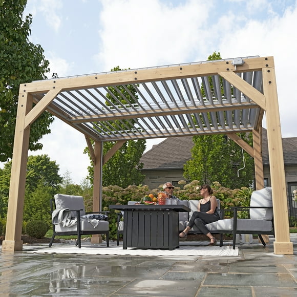 Yardistry 10' x 12' Meridian Louvered Pergola – Premium Cedar Wood Structure with Adjustable Aluminum Louvers and Built-In Gutter System for Outdoor Shade and Rain Protection